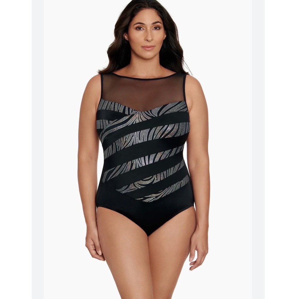 Longitude 22W One Piece Swimsuit Black Silver Zebra Mesh Neckline Wireless
